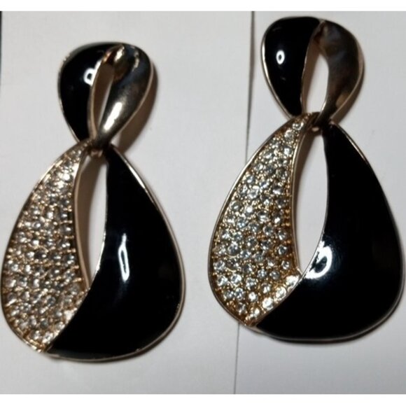 VINTAGE 1980s Gold Tone Black Enamel Dangle Drop Earrings Pierced Rhinestones - Picture 2 of 9